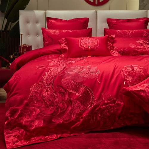 端全棉160支刺长绒棉贡缎绣提花结婚件四ERE套婚庆大红十件套六高