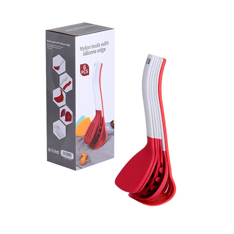 硅胶厨具6件套可收纳不粘锅铲勺套装耐高温硅胶铲尼龙柄厨房用具