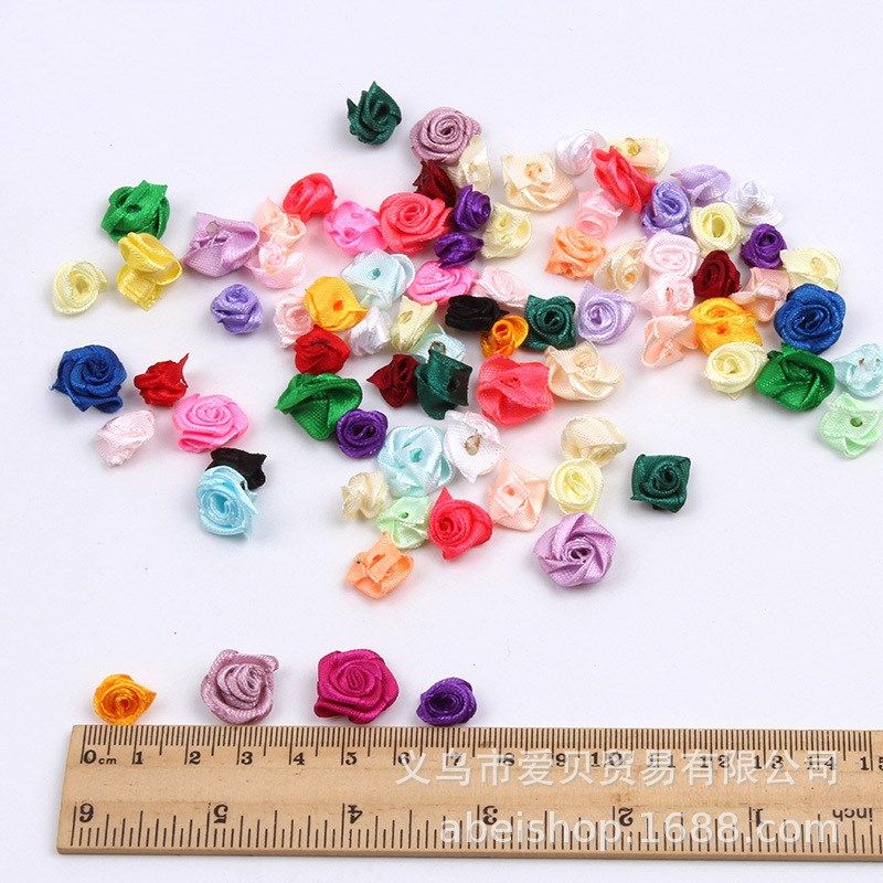 厂家直销玫瑰花缎带1.5厘米涤纶仿真花300/包手工缎带花婚庆饰品