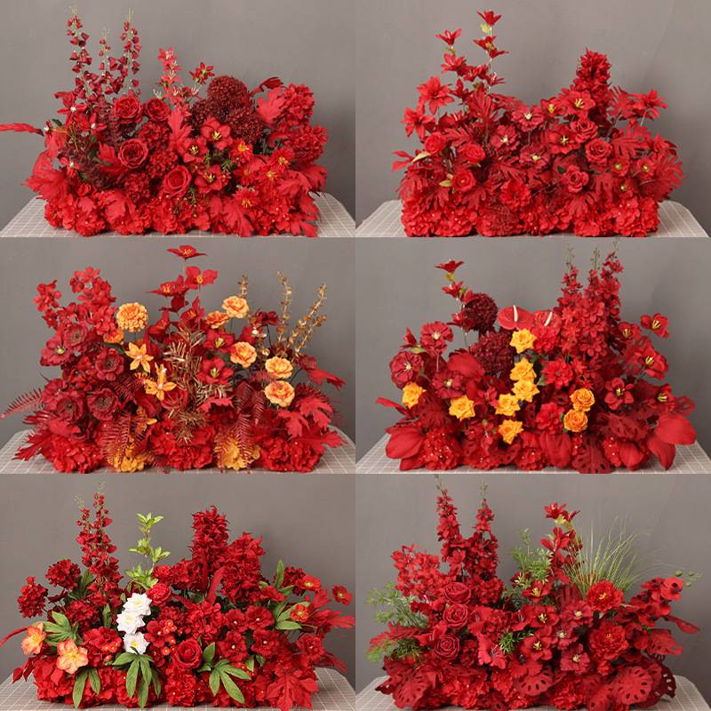 婚庆地排花红色花排 中式婚礼仿真绢花舞台装饰T台路引花成品花艺