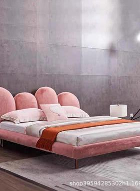 意大利设计师花瓣床意式奢网床公主轻床粉红色植绒毛婚主卧98089