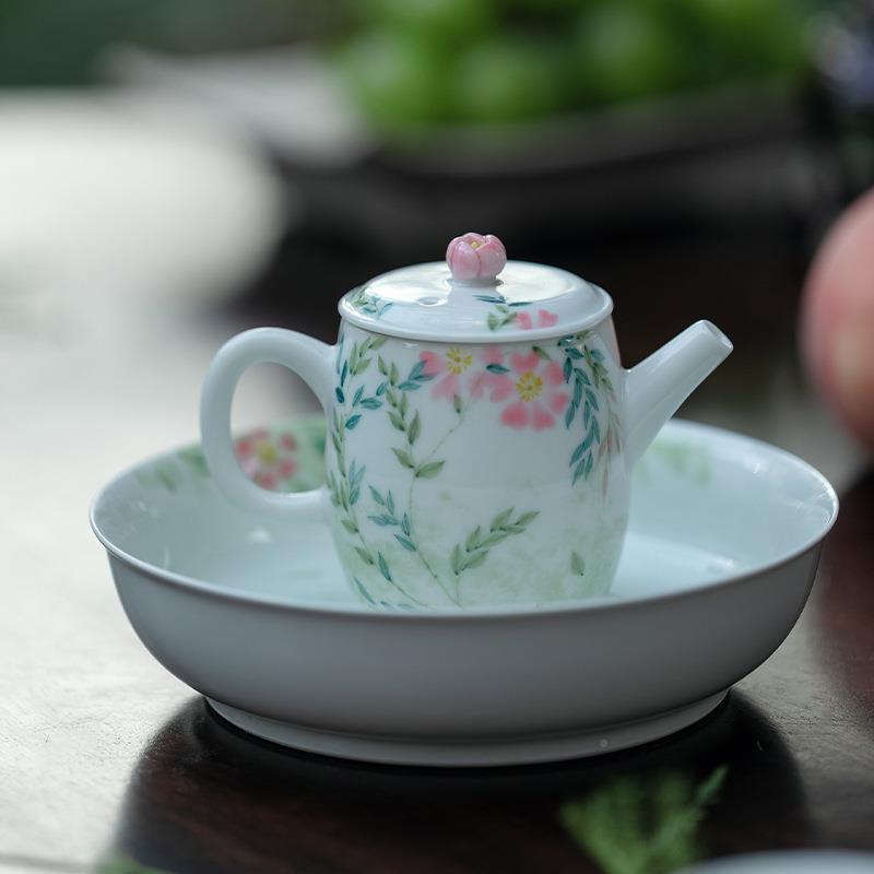束NRK刻玉古手绘凌霄花茶壶人泥茶具文手青执壶泡茶壶防烫手带过
