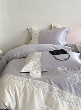 10支丝滑~三长绒棉刺绣四件法式浪漫花卉紫色套全HTP棉贡缎纯0棉