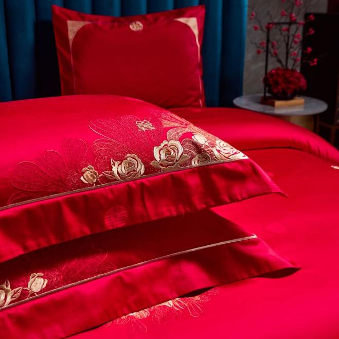 100用支纯色棉提花刺绣结婚四件套ULC红婚庆上品简约陪嫁高档喜床