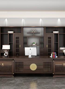 新中式办公桌椅组合板长桌总裁桌66688档高实老木大班台董事办公