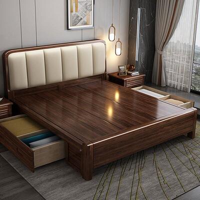 中式约实代木床胡桃木带储物家用卧室轻tb-73683奢人软靠双床现简