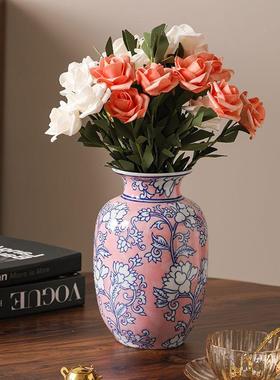 中式花青花瓷新OFD花瓶水陶瓷装饰瓶轻奢客厅餐桌陶瓷瓶培摆件