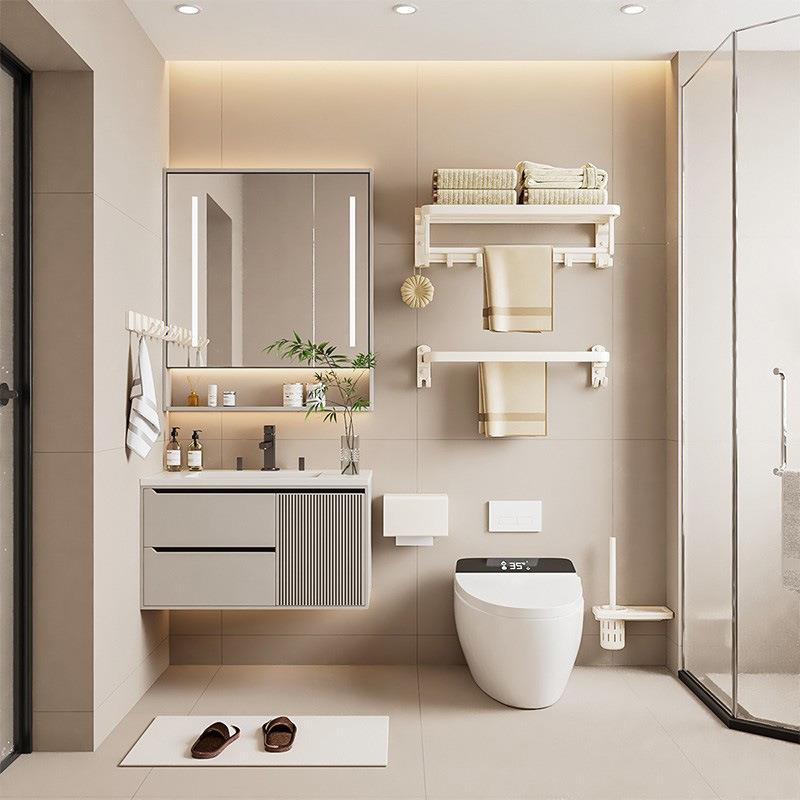 间奶油太空铝毛巾架间免打孔卫生浴SEL室置物架套件风洗手厕所浴