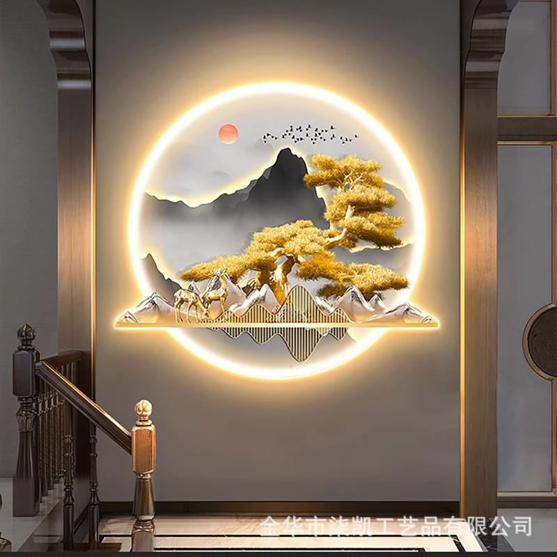 入户玄关装饰画中式壁山水D迎客松走廊发光画轻新奢鹿带LEDQN灯挂