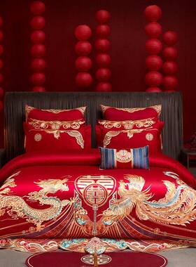 高91058端轻奢长绒棉凤龙重结工刺四件套婚陪嫁全棉大红绣色多件
