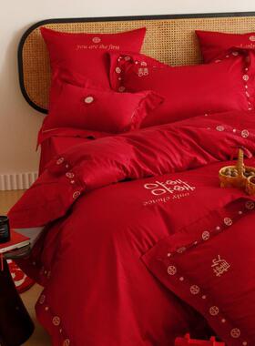 长加绒棉四上件套纯棉刺绣大红色高支棉全结无品牌/婚庆双人大被