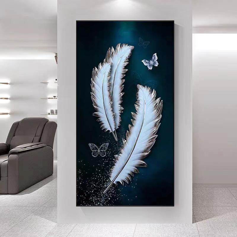 瓷现轻奢风入户玄关装饰画代竖版过道廊464楼梯口白色走羽毛晶镶,家居饰品,现代装饰画,淘宝优惠券,粉丝福利购,淘宝优惠卷