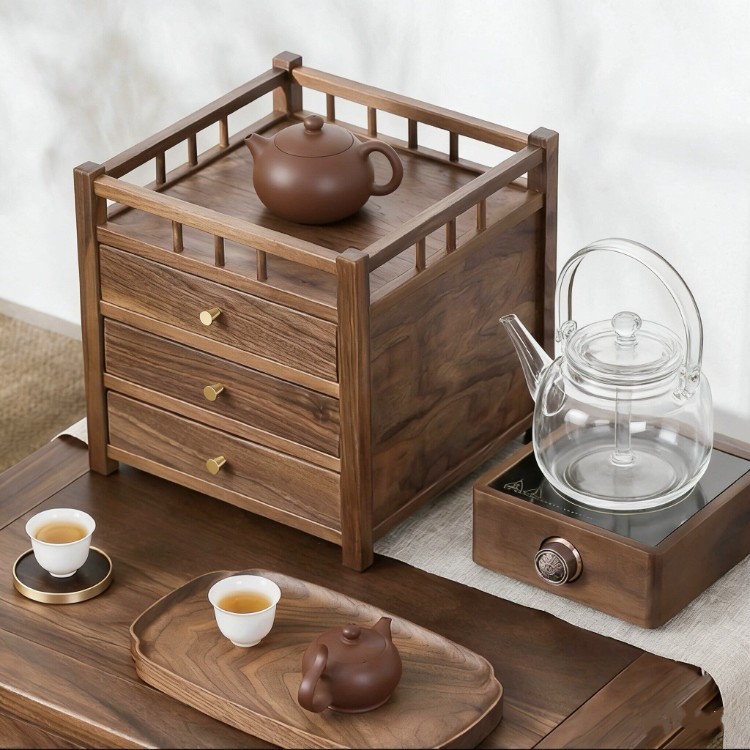 实木桌面收纳盒胡桃木茶饼收纳盒中式茶桌抽屉式整理储物展示柜