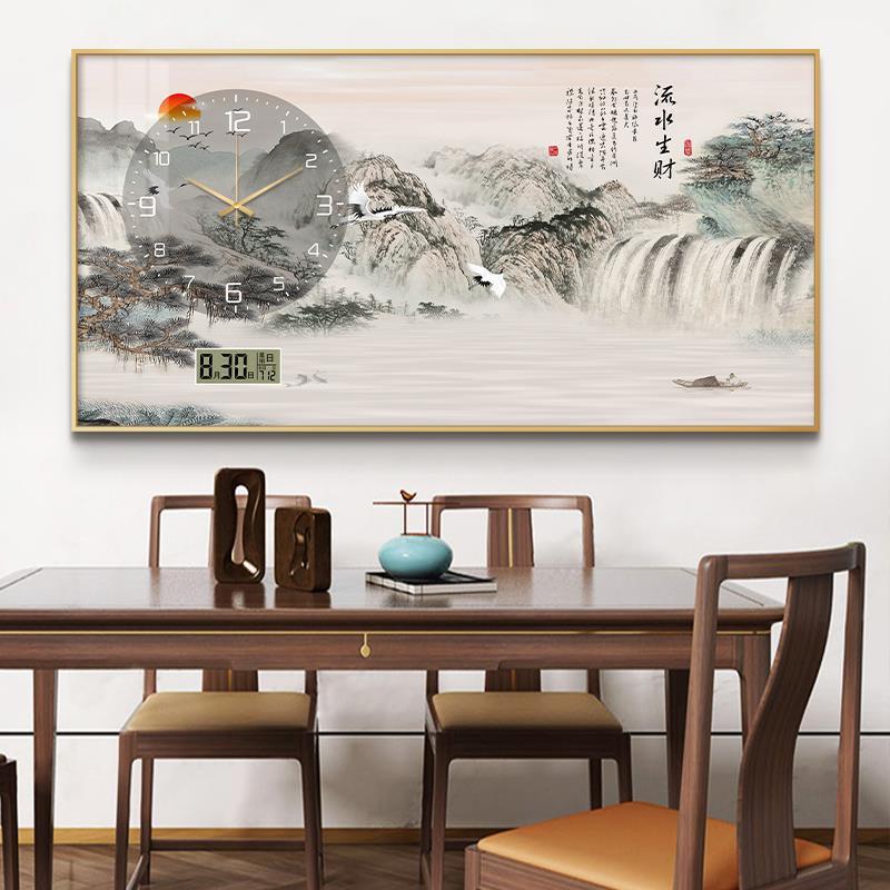 国画山画万客年钟表挂钟新中式厅表挂墙餐厅电XY853477子时水钟挂