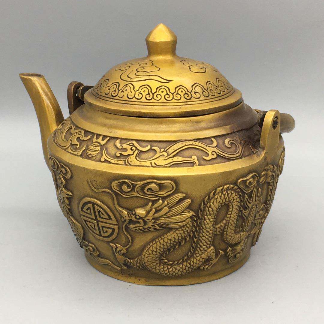 提梁龙凤仿浮古铜雕提梁龙凤酒壶茶壶包浆润泽藏收家居道茶摆设家
