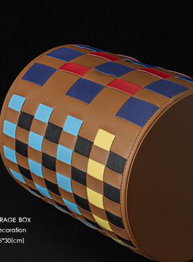 轻奢工卧高档彩29253手色皮革垃圾桶编织室客厅收纳脏衣篓花瓶花