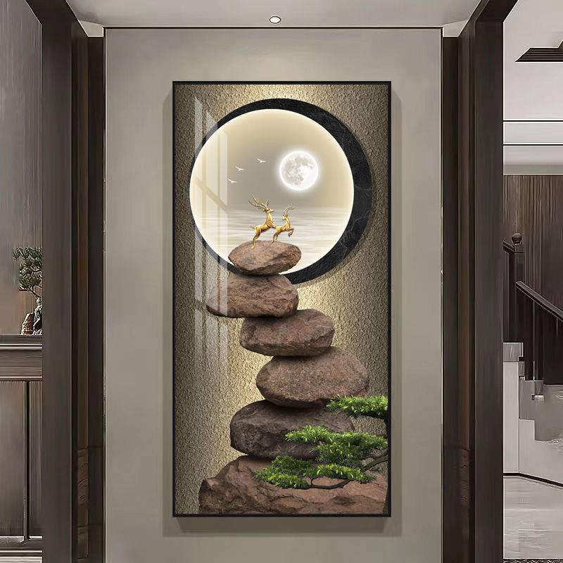 现代轻奢流水生财装饰画入户过道新中式挂画民宿酒店石来运转壁画图片