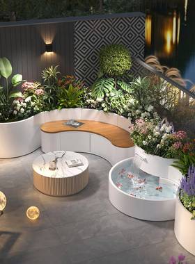 庭院弧形花箱坐凳组合户外成造品观流鱼景水摆件ISC金属池景布置