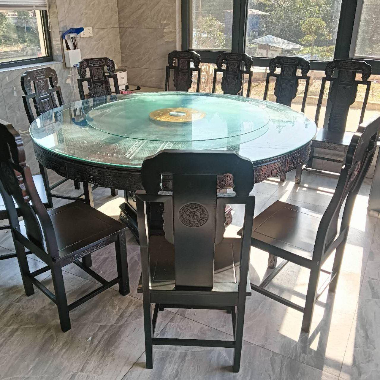 实木圆橡木圆L011形餐椅组合大小饭户型桌桌中式仿古雕花大桌新中
