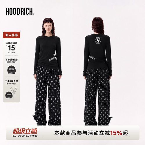 HOODRICH黑色斜字母印花长袖T恤春秋潮流修身弹力运动上衣女款