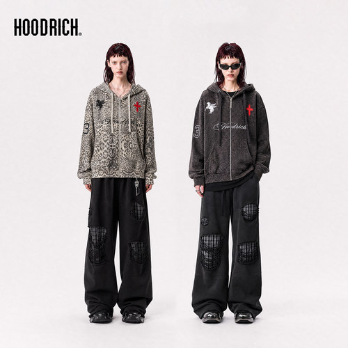 HOODRICH美式复古豹纹字母印花连帽卫衣秋季潮流街头拉链帽衫男女