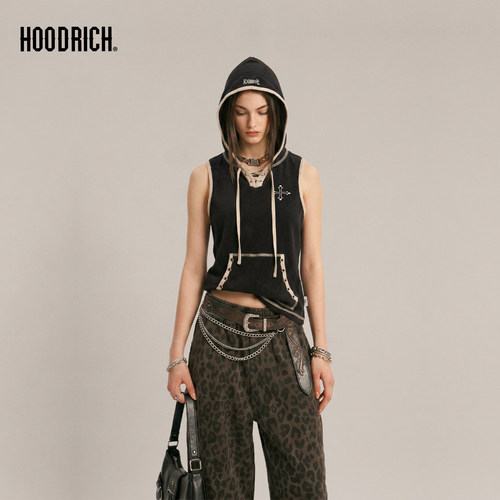 HOODRICH十字花刺绣水洗复古朋克背心夏季辣妹解构设计连帽上衣女