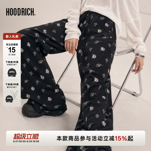 HOODRICH黑色美式复古满印字母卫裤潮流宽松百搭轻薄直筒裤女款