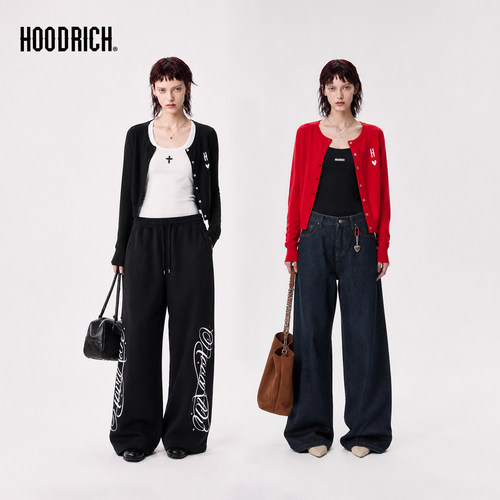 HOODRICH美式复古字母爱心刺绣针织开衫春秋季宽松纽扣毛衣外套女