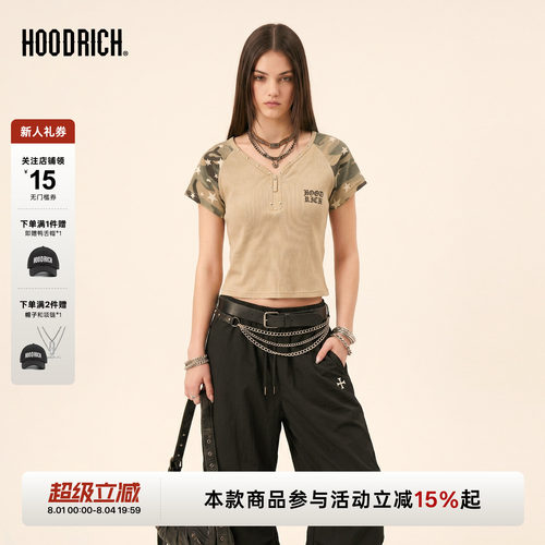 HOODRICH迷彩亨利领半开襟短袖夏季舒适透气复古街头短款T恤女款