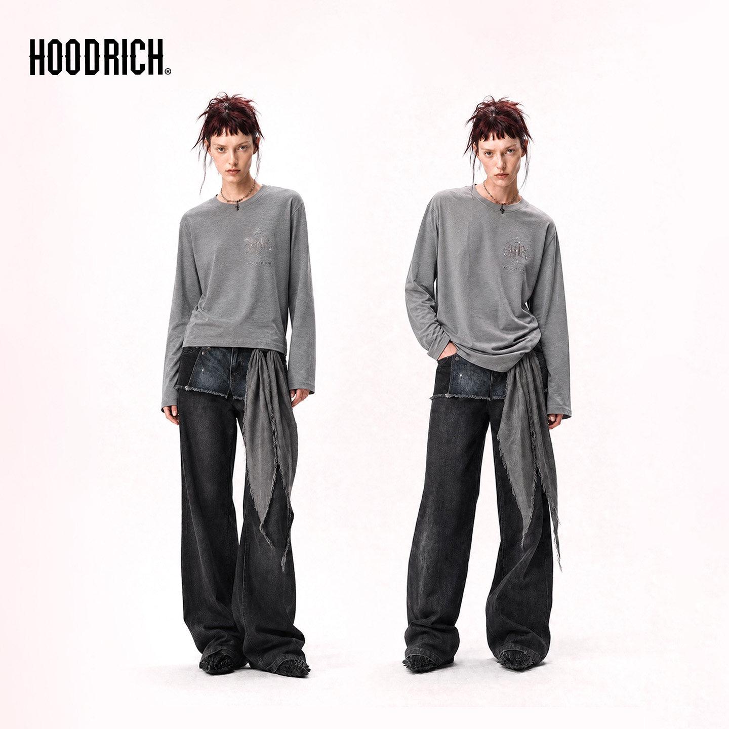 HOODRICH十字架字母烫钻纯色长袖T恤男秋季亲肤圆领打底衫男款