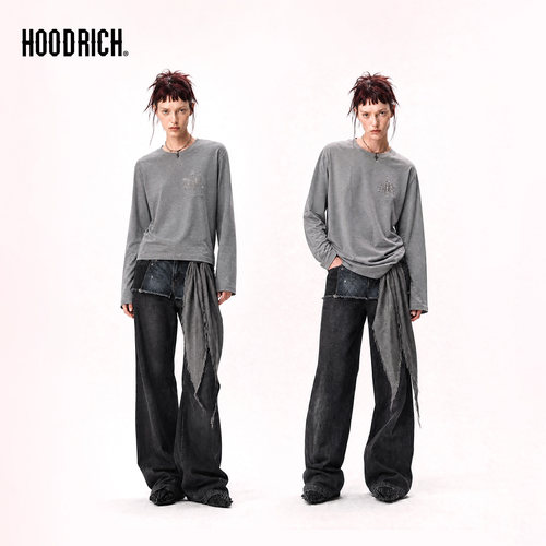 HOODRICH十字架字母烫钻纯色长袖T恤男秋季亲肤圆领打底衫男款