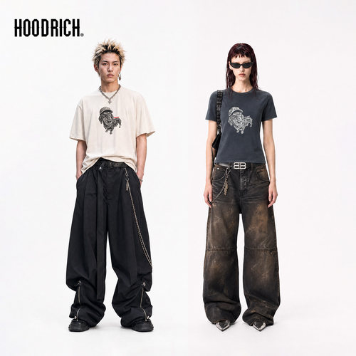 HOODRICH腊肠小狗水洗做旧印花短袖夏季潮流修身百搭T恤男女同款