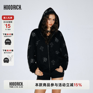 HOODRICH十字架哥特字母烫钻开衫连帽卫衣潮流新款宽松情侣外套