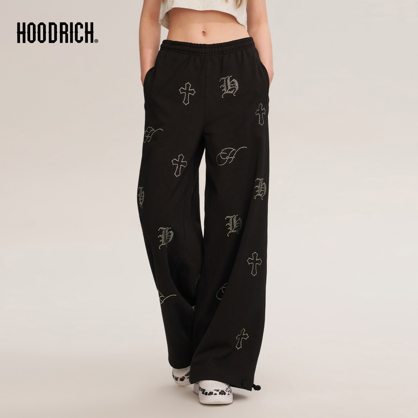 HOODRICH十字架哥特字母烫钻直筒卫裤潮流宽松情侣休闲运动裤女款