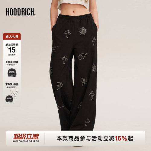 HOODRICH十字架哥特字母烫钻直筒卫裤潮流宽松情侣休闲运动裤女款