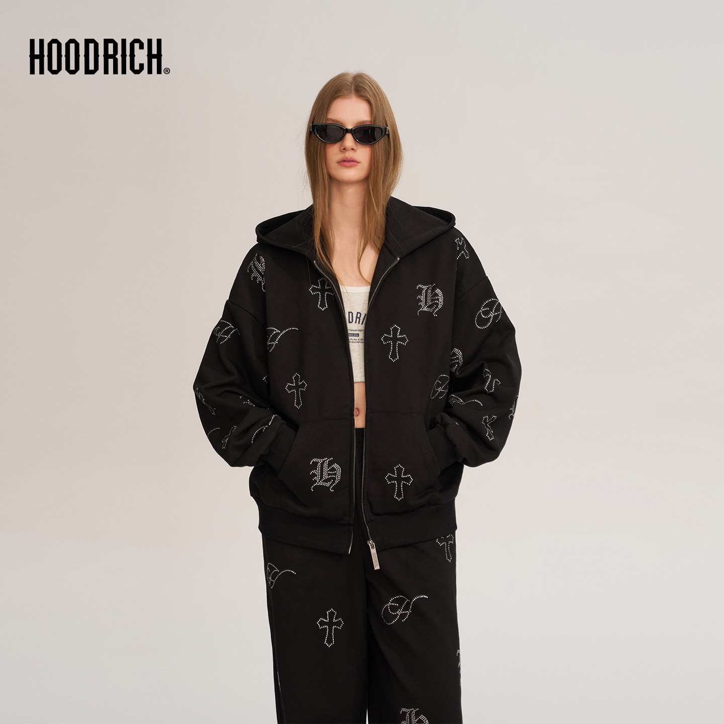 HOODRICH十字架哥特字母烫钻开衫连帽卫衣潮流新款宽松情侣外套女