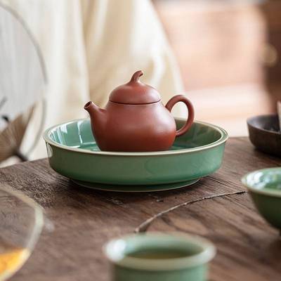 青瓷浮雕世外桃源壶承壶垫釉下影雕盖碗底座家用茶具配件圆托盘