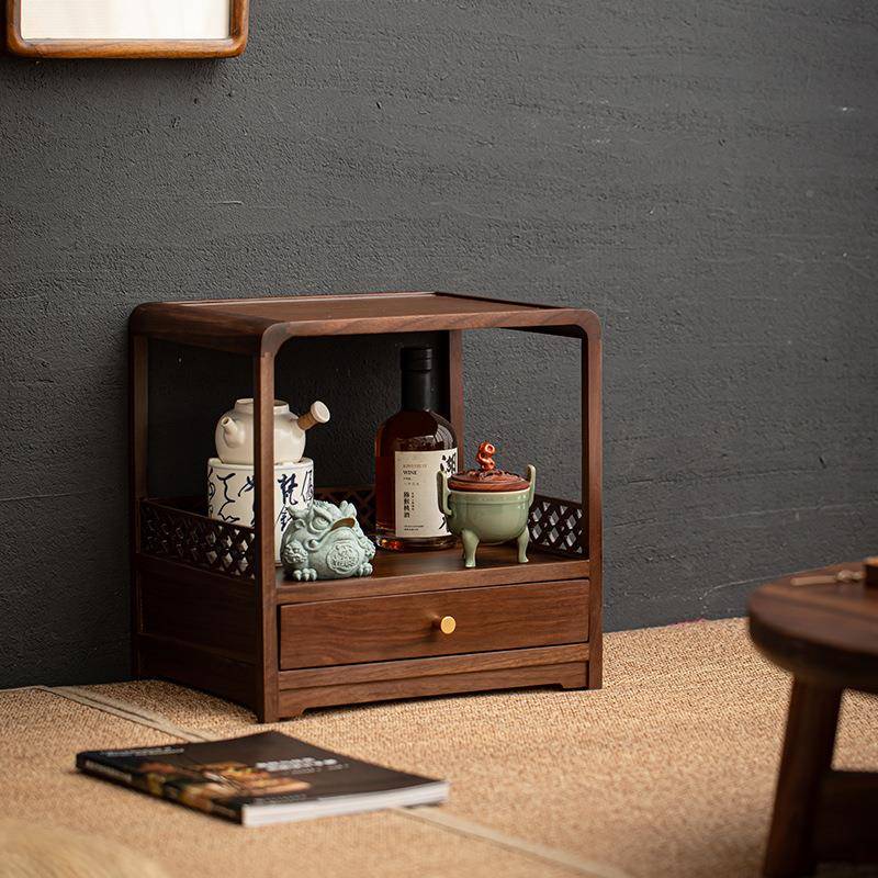 胡桃木古收柜桌面置物架家用纳茶室茶具示柜实PJ240508木抽展屉多