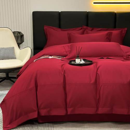 简约风婚庆10长绒S棉0BRI四件套婚大红色床单被套床笠结床品