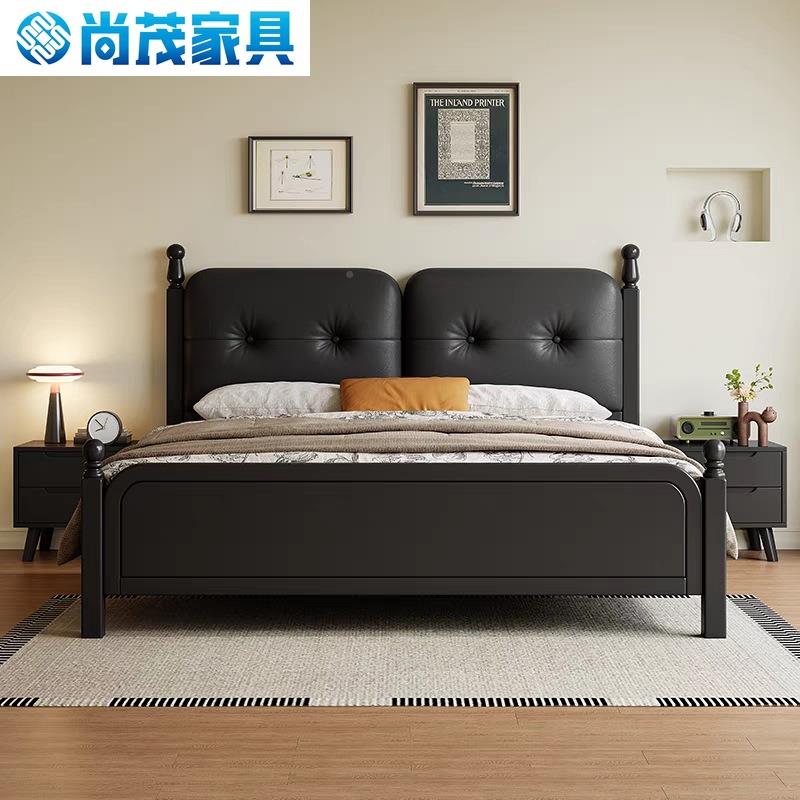 中古风实木1.m床单人床1.58米双人法64805式复古主卧室黑色床软靠