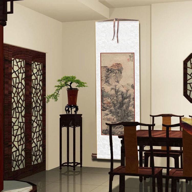 蓝瑛秋山渔隐图丝明绸画卷轴装挂挂轴装饰画山水画公室办玄关装饰