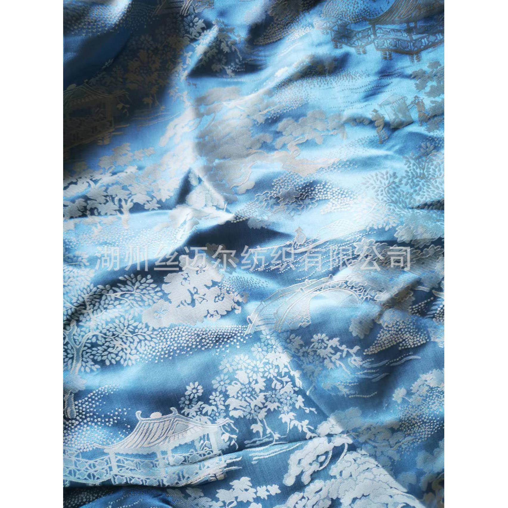 新花新中式汉服丝人型丝提花布料中风国小桥流水人提花AXP家真丝