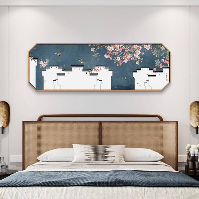 徽派建筑新中式客厅装饰画茶室沙发背景花鸟挂画卧室床头横版墙画图片