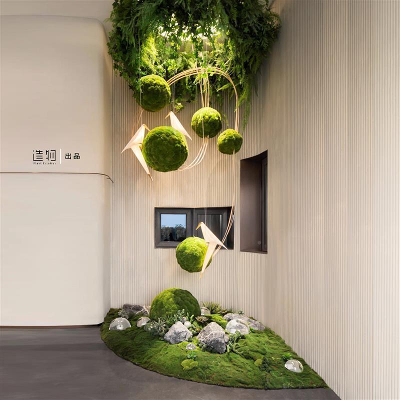 绿植景苔藓小球tlznsd$*吊挂中庭装饰绿植吊挂发光灯鸟苔藓景观玄