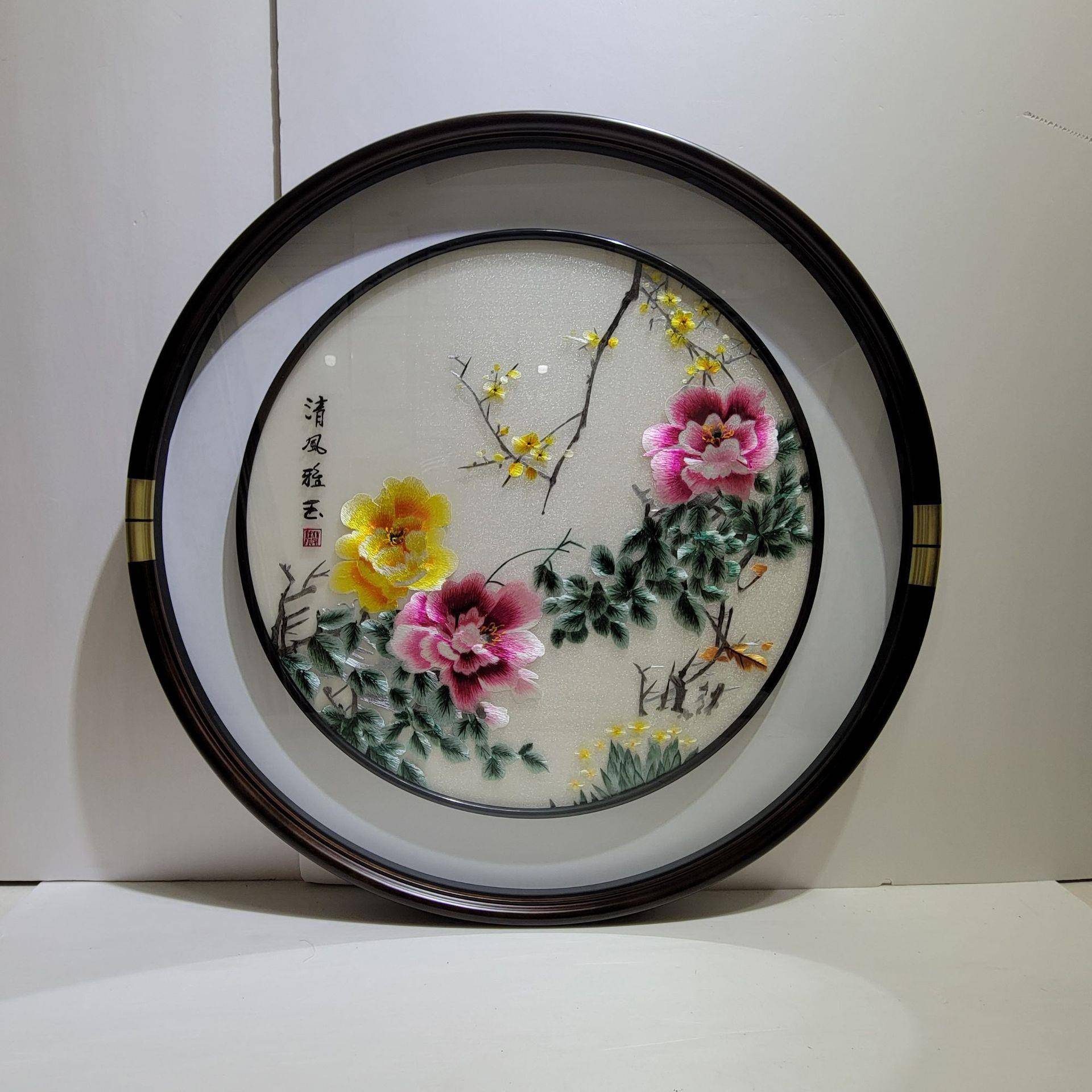 圆形刺绣画框框透纱丝圆形刺绣布绣厅挂画苏绣客屋配画五福中临门