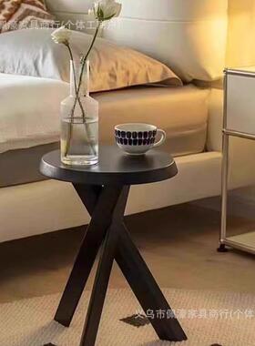 黑色实几木茶边古沙小YKM发圆桌子床头柜中复风法式极简矮置物架