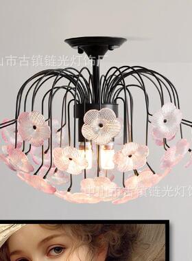 法式复古卧吊灯房玻璃室孩花瓣女衣帽间灯67265具中古风卧室书房