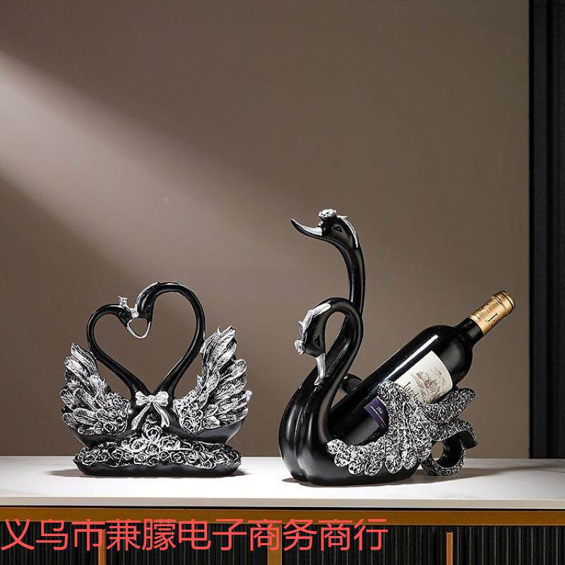 创意轻奢档高端AWV红桌酒架黑天鹅摆件高餐边酒柜摆红酒瓶架子装