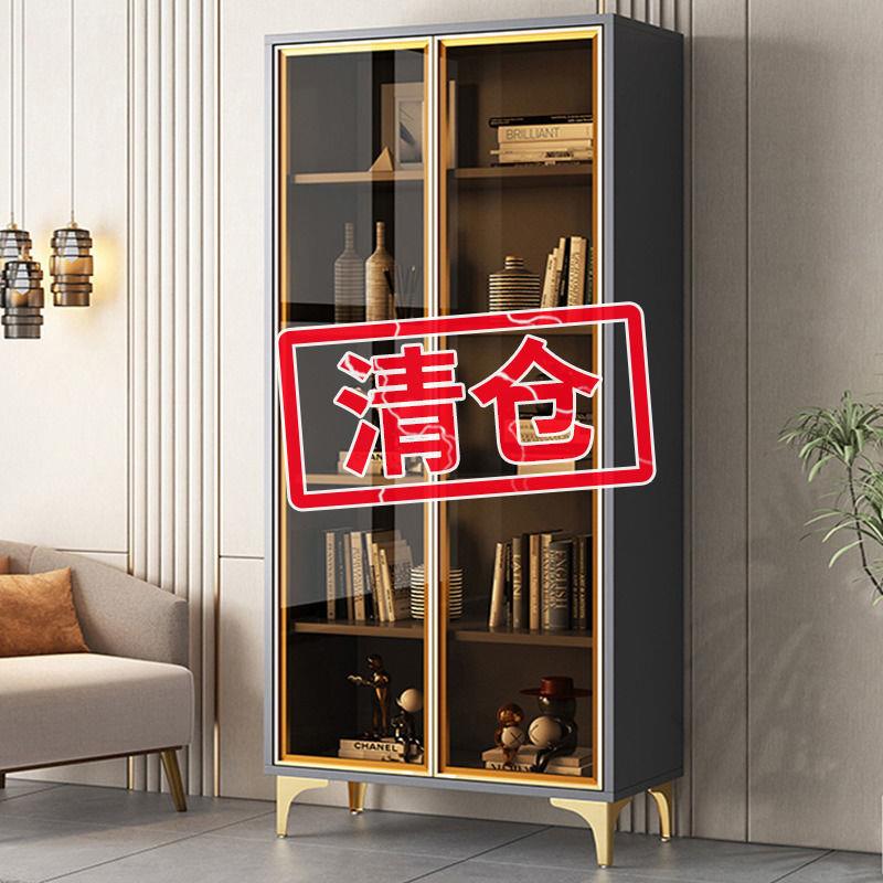 AOV实木书柜带玻璃门客厅一靠置物柜酒柜书墙家用落地柜展体示柜