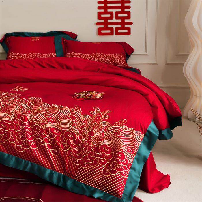 全棉品遥伊供应纯婚棉长绒棉结喜字四件套新婚大红床笠红色床件上